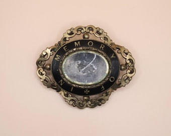 Antique Victorian Mourning Brooch: Gold Cased Enamel Locket Pin