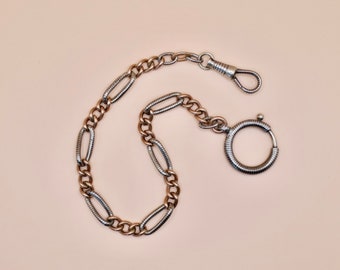 Heavy Antique 800 Niello and 10k Rose Gold Vermeil Pocket Watch Chain for Bracelet or Extender, 9.5" inches