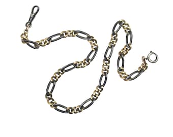 Antique Victorian 800 Silver Niello 12k Rose Gold Vermeil Pocket Wactch Chain Necklace