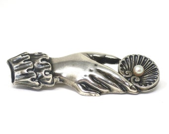 1885 Antique Victorian Birmingham Sterling Silver Hand Pin Brooch, British Hallmarks