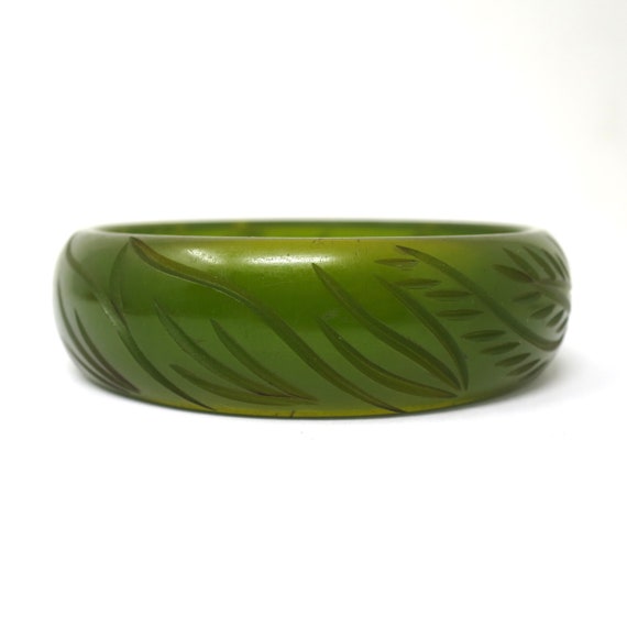 Vintage Carved Leaf Leaves Semi Transparent Olive… - image 4