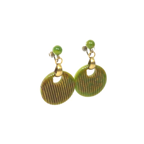 Carved Bakelite Hoops, Green Transparent Earrings… - image 9