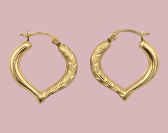 Vintage 14K Yellow Gold Open Heart Hoops – Radiant Diamond-Cut Earrings