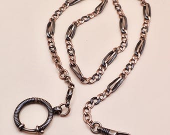Antique Victorian Niello Silver & 9k Rose Gold Vermeil Pocket Watch Chain Necklace MB72