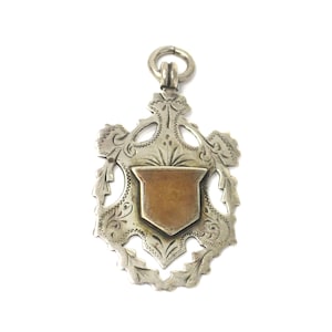 1899 Sterling Silver & Rose Gold Vermeil Engraved Cartouche Medal Shield Watch Fob Pendant
