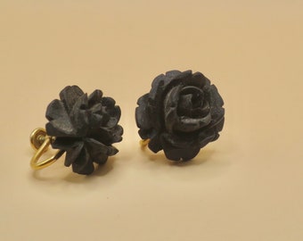 Antique Victorian Carved Gutta-Percha Vulcanite Roses Flowers Screw Back Earrings