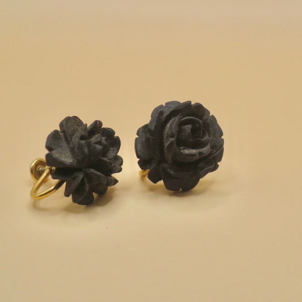 Antique Victorian Carved Gutta-Percha Vulcanite Roses Flowers Screw Back Earrings
