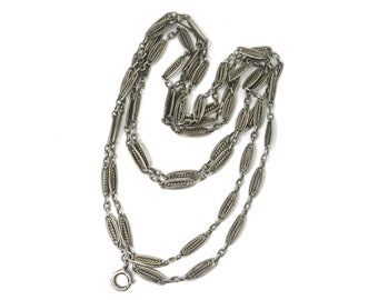 Antique French Silver Sautoir Muff Guard Fancy Link Chain Necklace, 57.25" inches