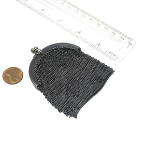 Antique Victorian Mourning French Gunmetal Mesh Coin Purse Chatelaine Chainmaille Pendant image 2
