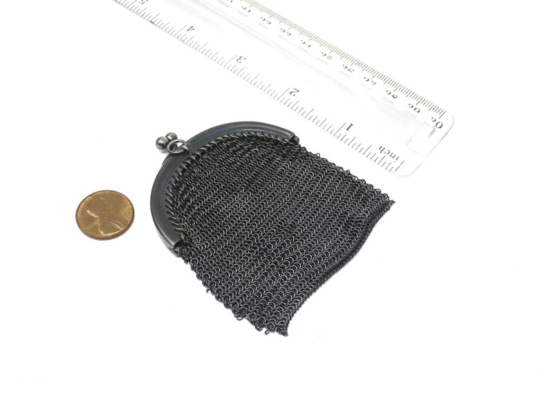 Antique Victorian Mourning French Gunmetal Mesh Coin Purse Chatelaine Chainmaille Pendant image 2