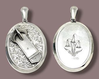 Antique 1879 Sterling Silver Victorian "Belt Buckle & Snowdrop" Locket Pendant