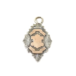 1900 Antique Sterling Silver & Rose Gold Vermeil Engraved Cartouche Medal Shield Watch Fob Pendant