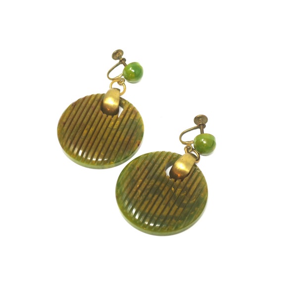 Carved Bakelite Hoops, Green Transparent Earrings… - image 8