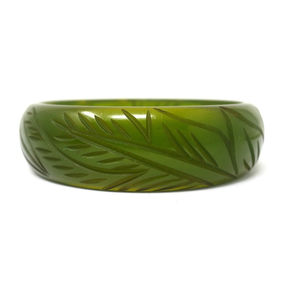 Vintage Carved Leaf Leaves Semi Transparent Olive… - image 9