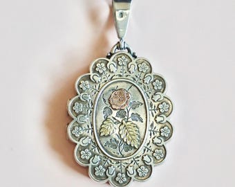 1881 Symbolic Victorian Sterling Silver Gold Gilt Rose Forget Me Not Tulips Locket Pendant