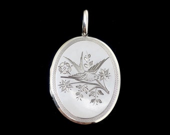 Antique Victorian Sterling Silver Swallow Locket - Aesthetic Movement Pendant