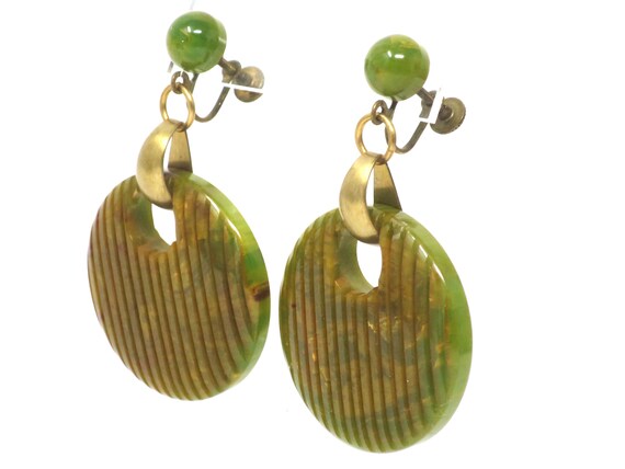 Carved Bakelite Hoops, Green Transparent Earrings… - image 10