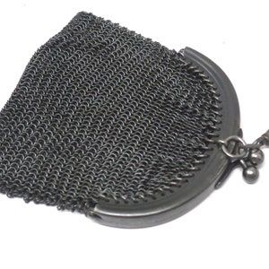 Antique Victorian Mourning French Gunmetal Mesh Coin Purse Chatelaine Chainmaille Pendant image 4