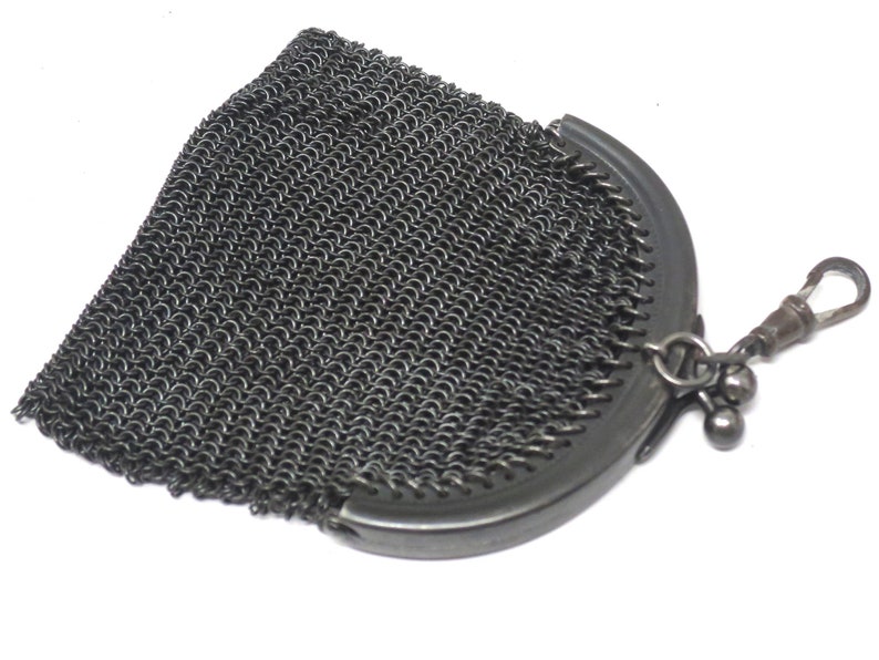 Antique Victorian Mourning French Gunmetal Mesh Coin Purse Chatelaine Chainmaille Pendant image 4