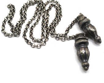Antique Handmade French Silver Muff Guard Chain Necklace with Dangles, 34" inches