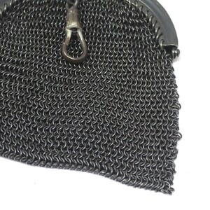 Antique Victorian Mourning French Gunmetal Mesh Coin Purse Chatelaine Chainmaille Pendant image 9