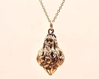 Antique Victorian Revival 14K Yellow Gold Filigree Lantern Cage Pendant