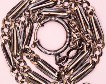 Antique Victorian 800 Silver Niello & Rose Gold Vermeil Pocket Watch Chain Necklace MB75