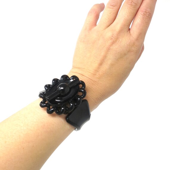 Antique Carved Whitby Jet Bracelet, Stretch or Ex… - image 4