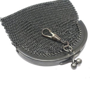 Antique Victorian Mourning French Gunmetal Mesh Coin Purse Chatelaine Chainmaille Pendant image 7