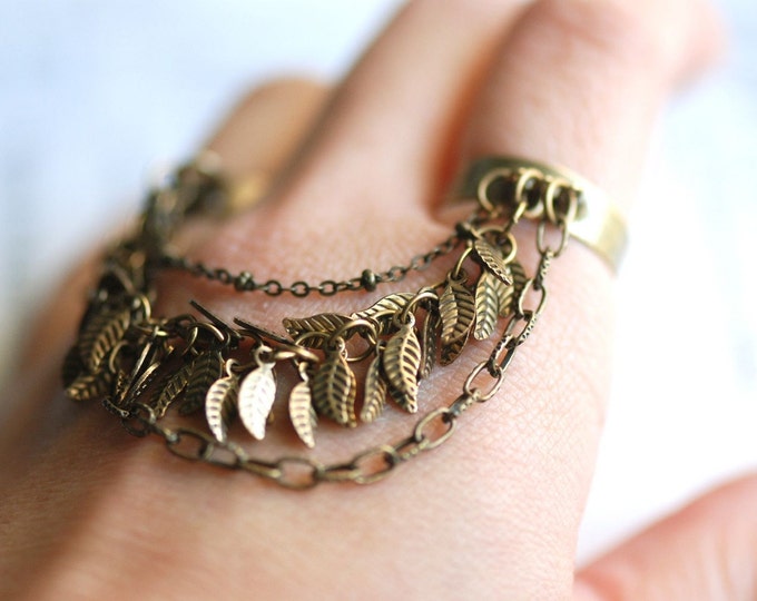 GRECIAN Double 2 Finger Chain Rings Soldered Leaves Charms Antique