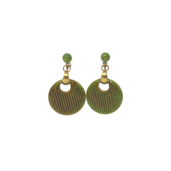 Carved Bakelite Hoops, Green Transparent Earrings… - image 1