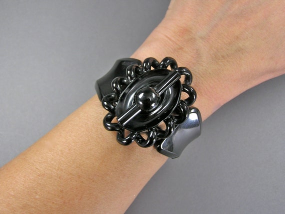 Antique Carved Whitby Jet Bracelet, Stretch or Ex… - image 2