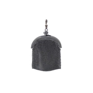 Antique Victorian Mourning French Gunmetal Mesh Coin Purse Chatelaine Chainmaille Pendant image 1