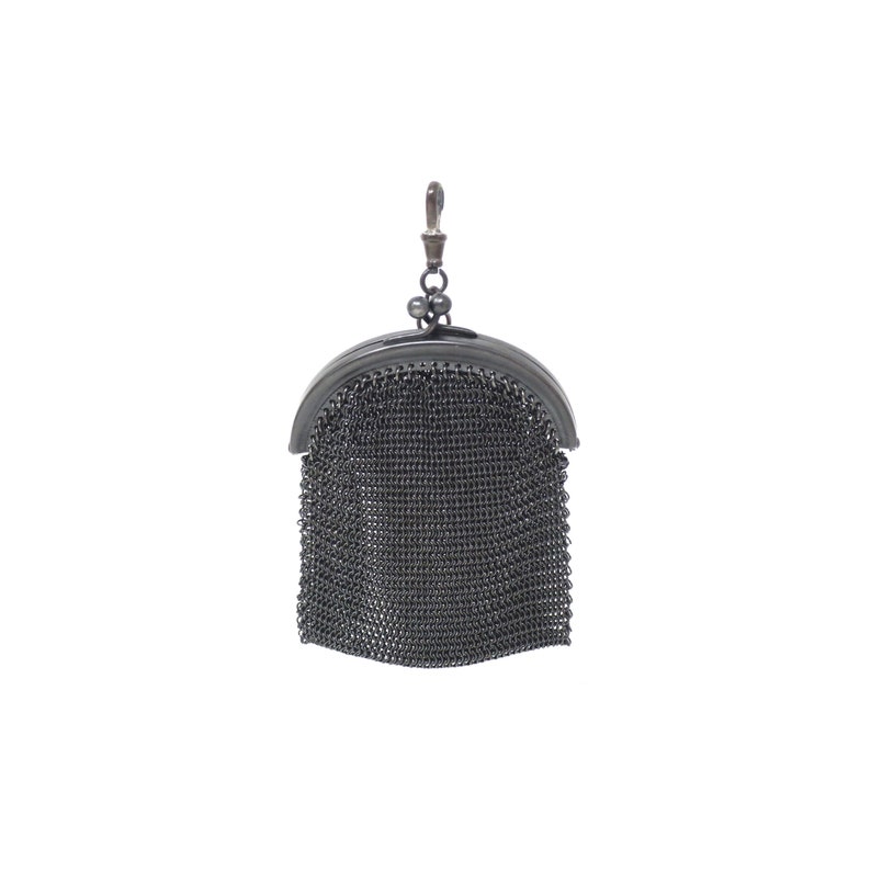 Antique Victorian Mourning French Gunmetal Mesh Coin Purse Chatelaine Chainmaille Pendant image 1