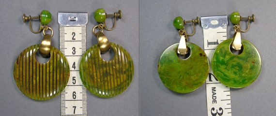 Carved Bakelite Hoops, Green Transparent Earrings… - image 2