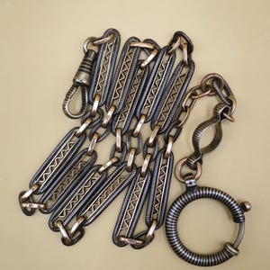 Victorian 800 Niello Silver & Fancy 9k Rose Gold Gilt Pocket Watch Chain Necklace, 18-1/8&quot; inches