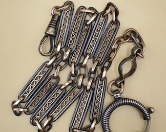 Victorian Niello Silver Pocket Watch Chain Necklace: 9k Rose Gold Gilt, 18" MB15