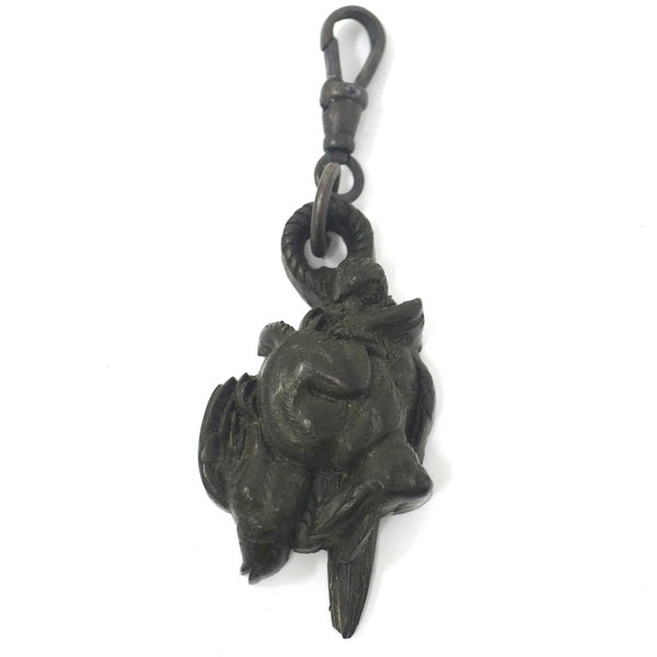 Victorian Carved Whitby Jet or Gutta-Percha Vulcanite Hanging Rabbit and Bird  Mourning Pendant