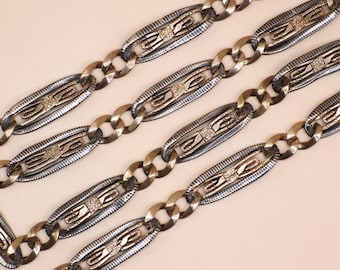 Antique Niello Pocket Watch Chain Necklace: 800 Silver & 9k Rose Gold Vermeil MB35