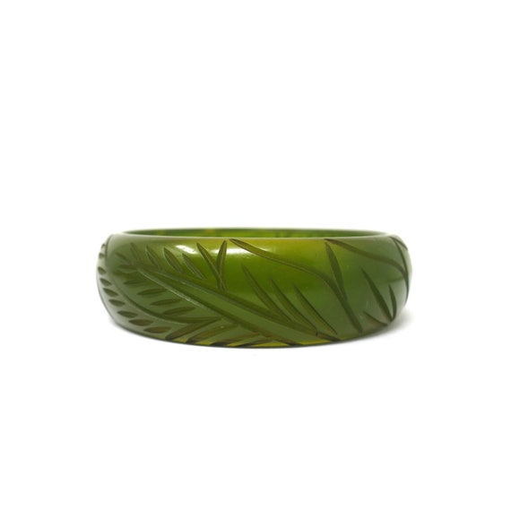 Vintage Carved Leaf Leaves Semi Transparent Olive… - image 1