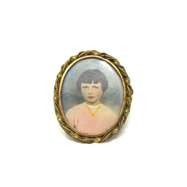 Vintage Photo Brooch, Hand Tinted on Celluloid, Bobbed Hair, Louise Brooks Look a Like, Young Girl, Memento, Flapper, Collectible