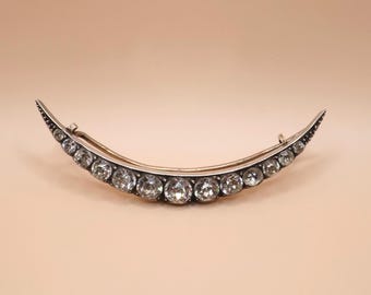 Antique Large Victorian Sterling Silver Diamond Paste Crescent Moon Pin Brooch