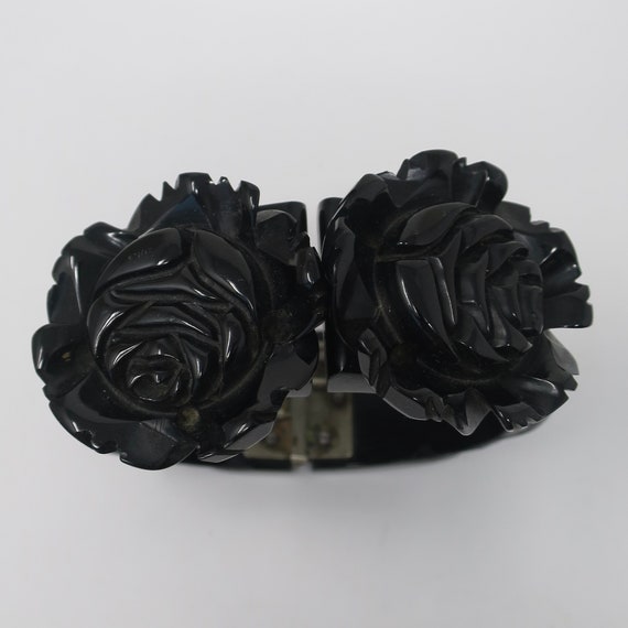 Vintage Heavily Carved Cabbage Rose Jet Black Bak… - image 9