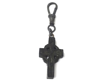 Antique Victorian Mourning Carved Whitby Jet or Gutta-Percha Vulcanite Cross Fob Pendant