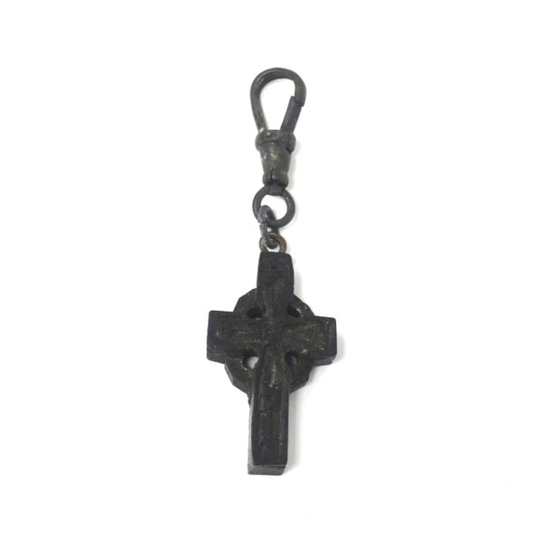 Antique Victorian Mourning Carved Whitby Jet or Gutta-Percha Vulcanite Cross Fob Pendant