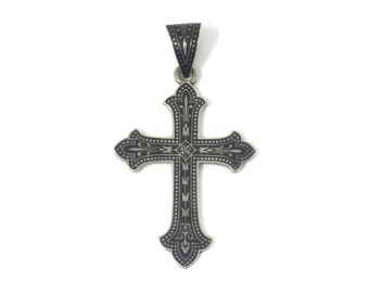 Antique Victorian 800 Niello Silver Religious Cross Pendant