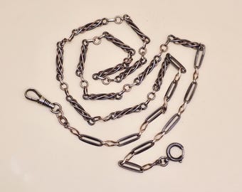 Converted Antique Victorian 800 Silver Niello & Rose Gold Vermeil Pocket Watch Chain Necklace MB74