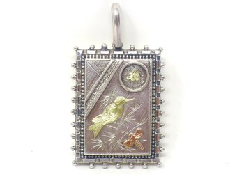 Victorian Aesthetic Sterling Silver Locket Pendant, Bird, Butterfly, Dragonfly