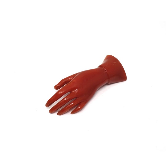 Victorian Carved Celluloid Coral Hand Pin Brooch