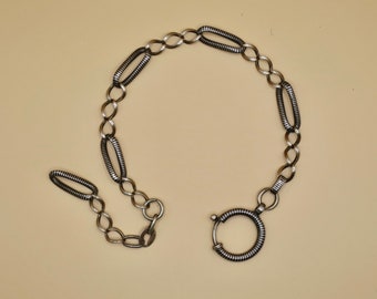 Antique Victorian Niello 800 Silver & Rose Gold Gilt Chain Bracelet with Big Bolt Clasp, 9-7/8" inches